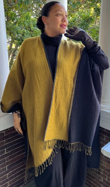 100% Boiled Wool Leather Trimmed Reversible Serape (Mustard and Black)