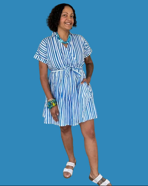 Striped Shirt Dress with Tie Sash