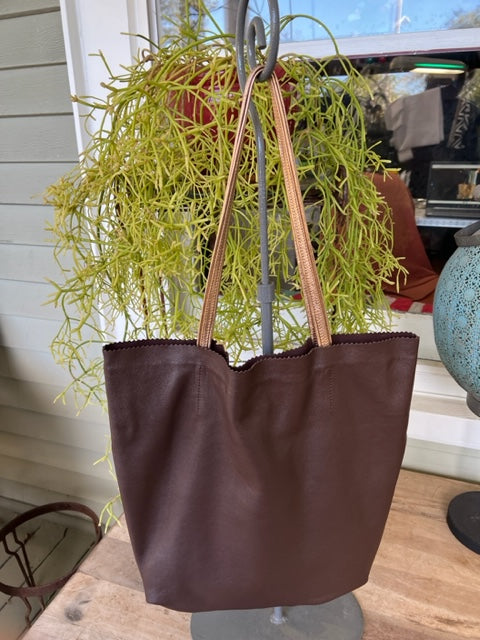Dark Brown  Natural Leather Handbag with Gold Strap