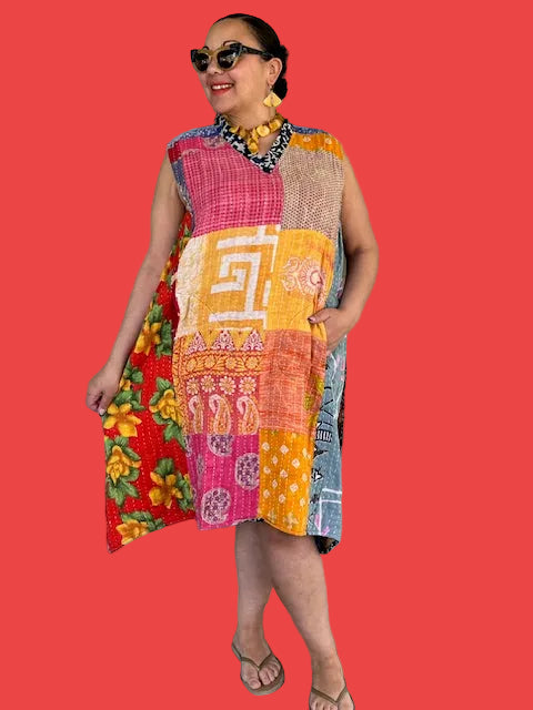 Reversible Kantha Sleeveless Up-Cycled Sari Dress