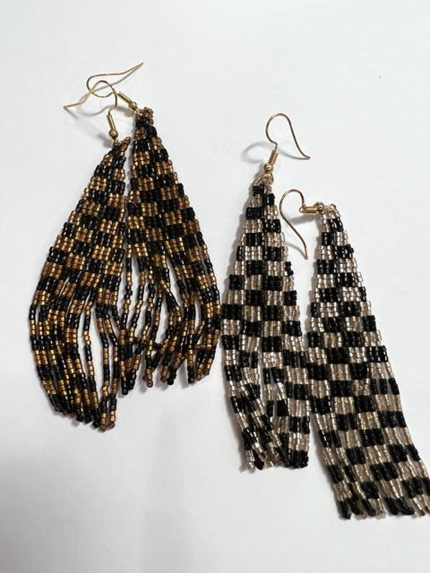 Checkerboard Fringe Earrings (Gold/Black or Silver/Black)
