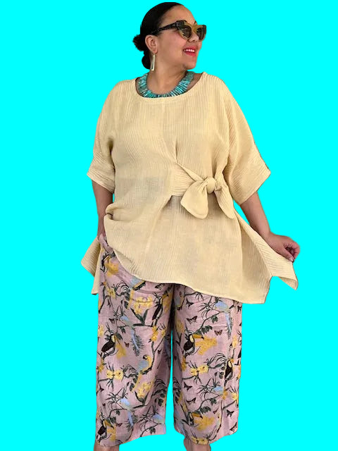 DTh Butter Color Tie Swing Linen/Silk Top