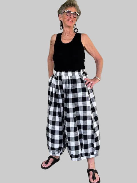 Vanity Couture Checkered Linen Gathered Hem Pants