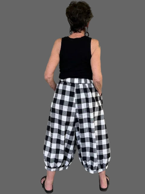 Vanity Couture Checkered Linen Gathered Hem Pants