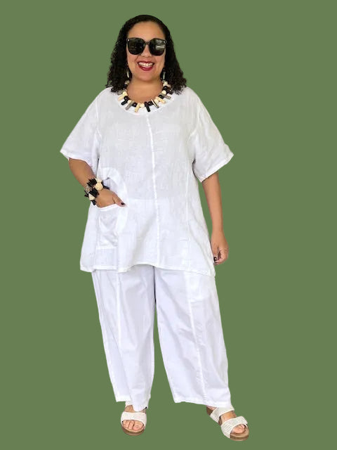 Transparent 100% Linen Short Sleeved Circle Pocket Top
