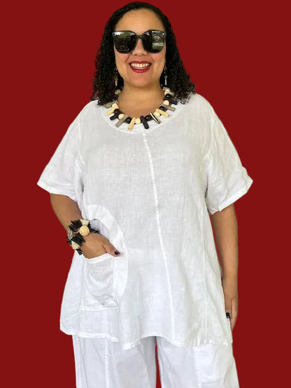Transparent 100% Linen Short Sleeved Circle Pocket Top (White, Red, Yellow)