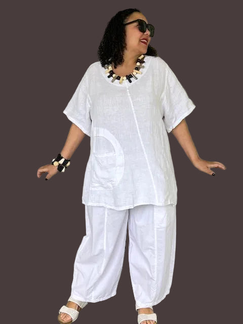 Transparent 100% Linen Short Sleeved Circle Pocket Top