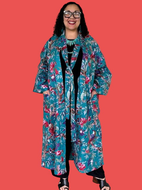 100% Cotton Teal Rose and Birds Kimono Robe