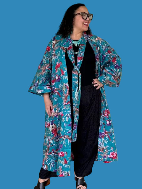 100% Cotton Teal Rose and Birds Kimono Robe