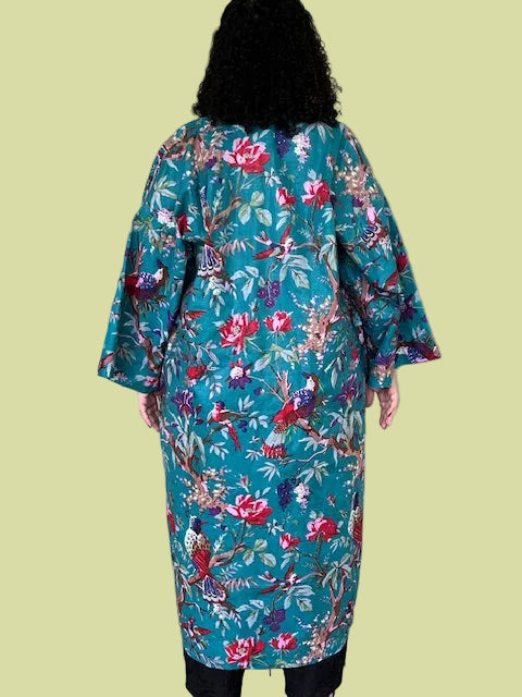 100% Cotton Teal Rose and Birds Kimono Robe