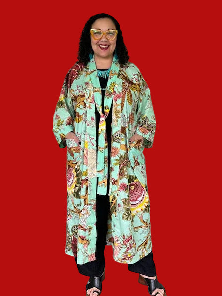 100% Cotton Sea Green Floral Kimono Robe