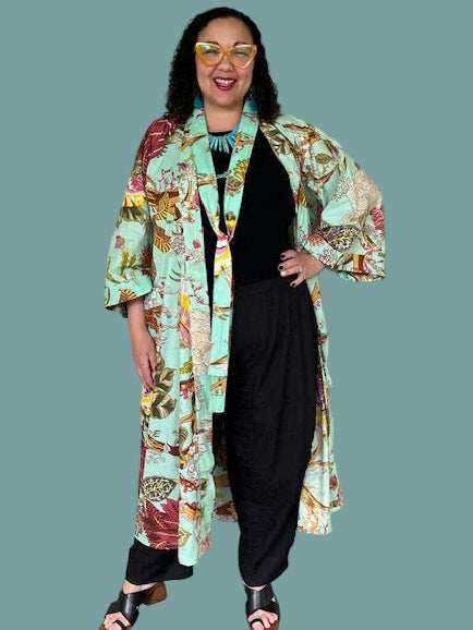 100% Cotton Sea Green Floral Kimono Robe