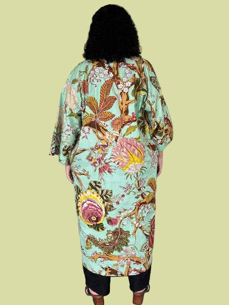 100% Cotton Sea Green Floral Kimono Robe