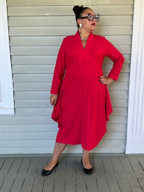 Red Shawl Collar Draped Dress