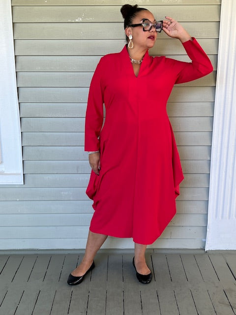 Red Shawl Collar Draped Dress