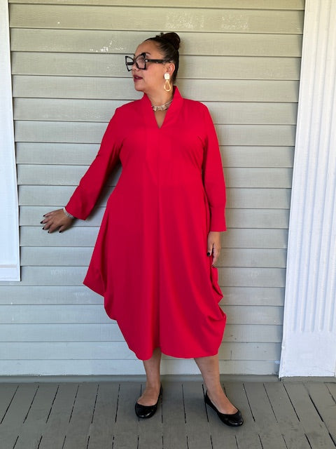 Red Shawl Collar Draped Dress