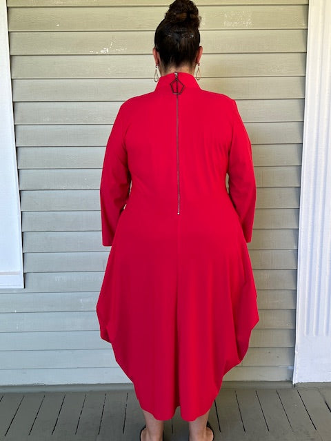 Red Shawl Collar Draped Dress