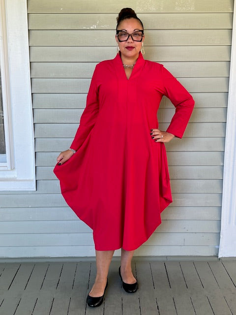 Red Shawl Collar Draped Dress