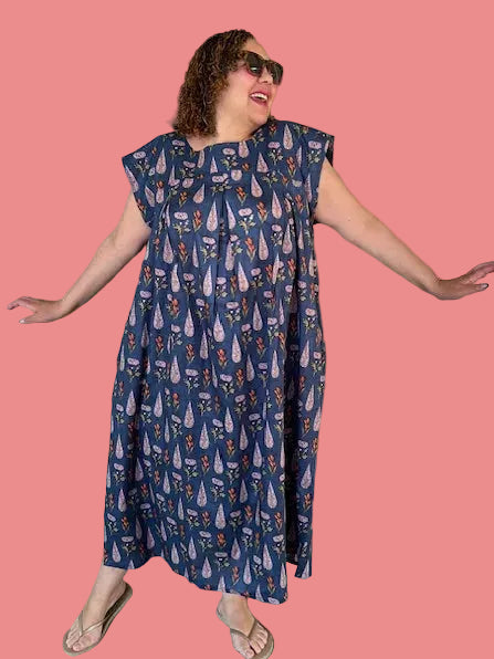 100% Cotton Summer Dress (Teal with Orange Flowers)