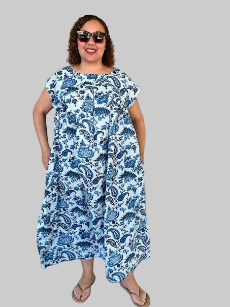 100% Cotton Summer Dress (Indigo Paisley)