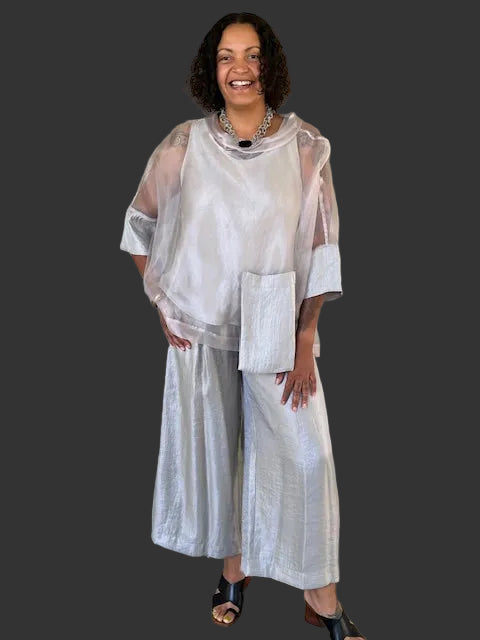 IC Collection Metallic Silver  Standup Collar Top and Matching Pants (Sold Separately)