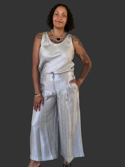 IC Collection Metallic Silver  Standup Collar Top and Matching Pants (Sold Separately)