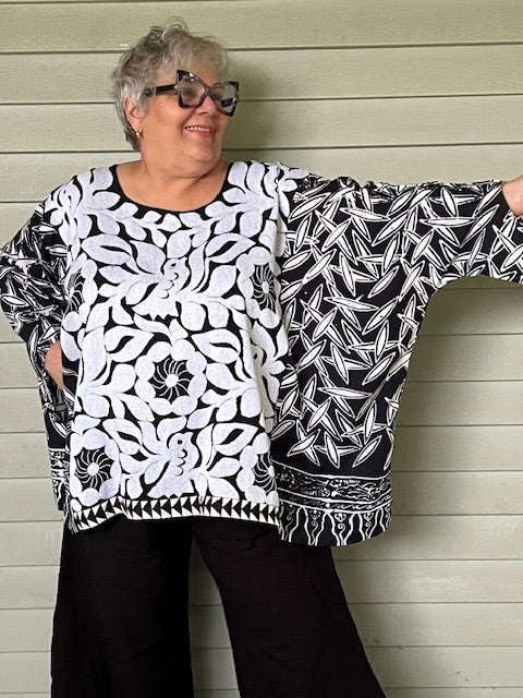 DTH Mixed Fabric Black and White Top