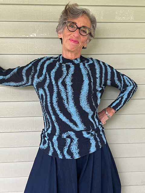 Vanite Couture Zebra Print Pleated Top (Teal/Navy)