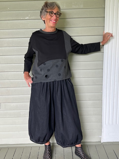 Vanite Couture Black Cotton Denim Gathered Ham Pants