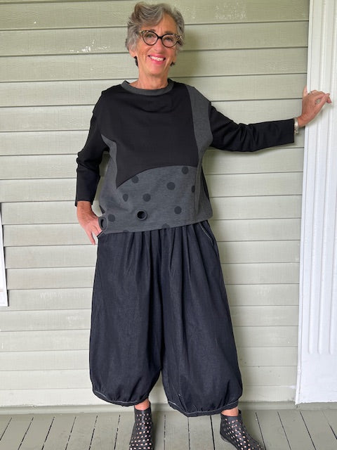 Vanite Couture Black Cotton Denim Gathered Ham Pants