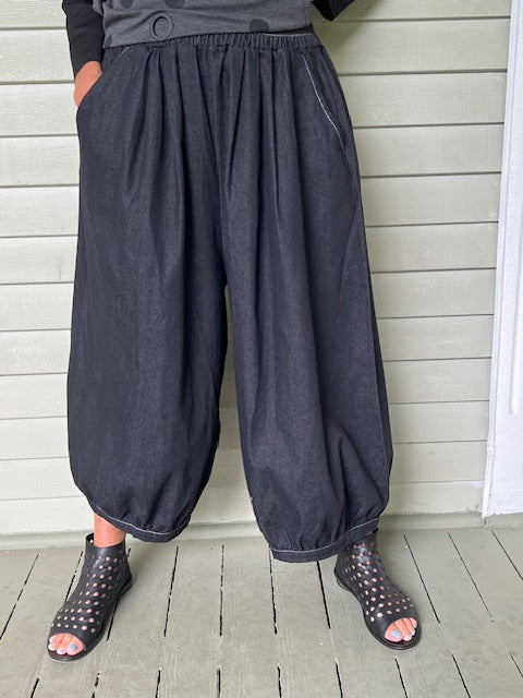 Vanite Couture Black Cotton Denim Gathered Ham Pants