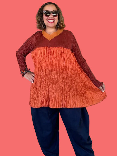 DTH Crinkle Two-Tone Baby Doll V-Neck