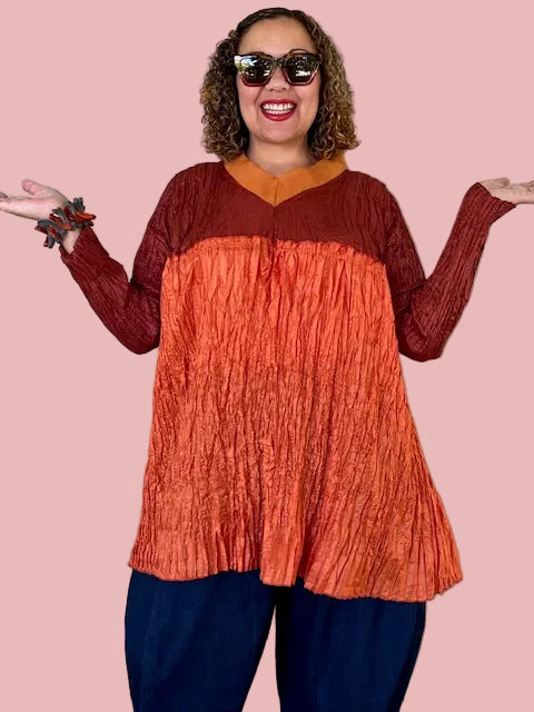 DTH Crinkle Two-Tone Baby Doll V-Neck