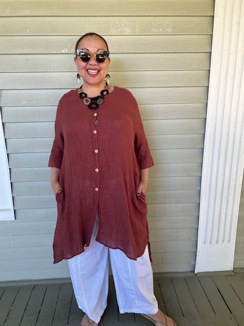 Cheyenne 100% Linen Crinkle Gauze Button Up Top