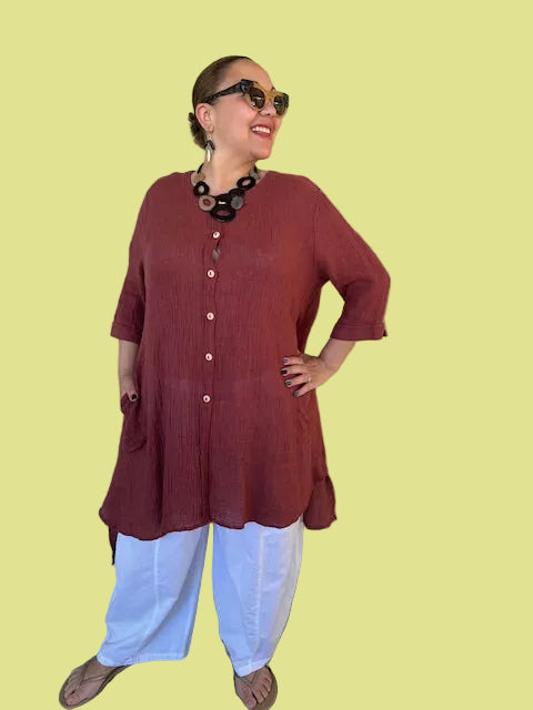 Cheyenne 100% Linen Crinkle Gauze Button Up Top