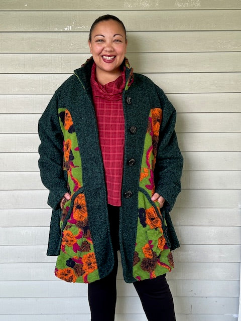 Green Wool Blend Coat with Floral Print