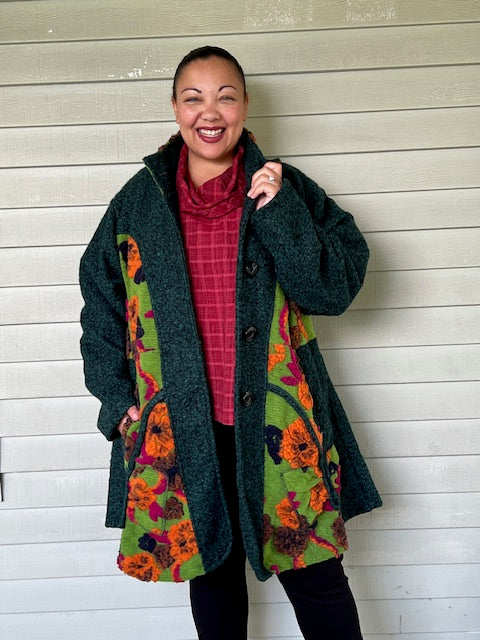 Green Wool Blend Coat with Floral Print