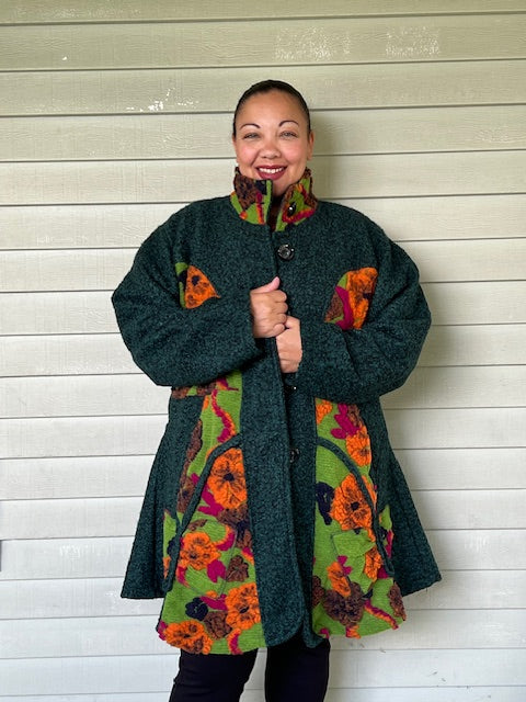 Green Wool Blend Coat with Floral Print