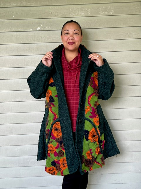 Green Wool Blend Coat with Floral Print