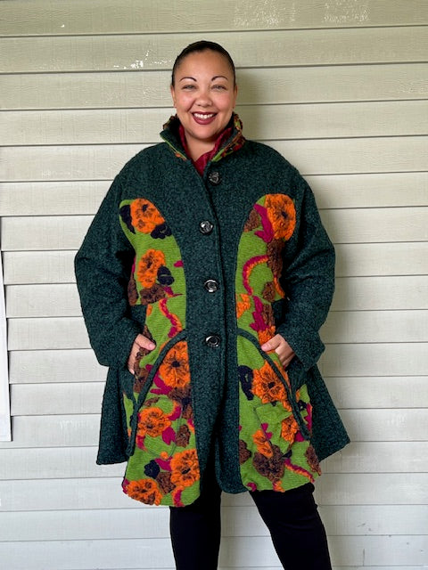 Green Wool Blend Coat with Floral Print