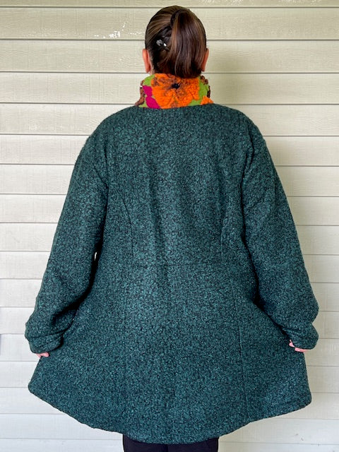 Green Wool Blend Coat with Floral Print