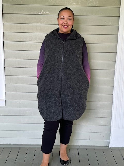 Dark Gray Wool Blend Vest with Hood