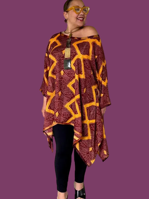 Dth Waterfall Top in Handmade Mali Fabric (Solid Trim or Ikat Trim)