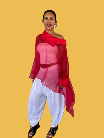 Dth Red Organza Top with Silk Collar