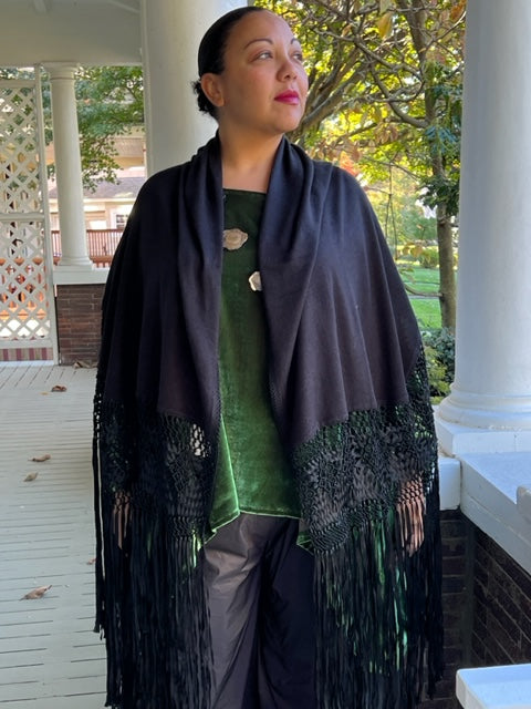 Black Silk and Cashmere Shawl with hand made macrame border