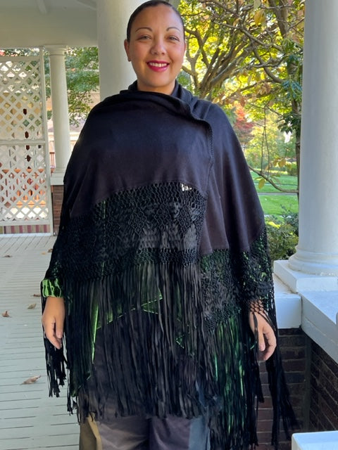 Black Silk and Cashmere Shawl with hand made macrame border