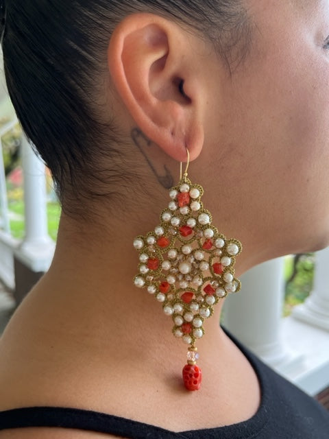 Hand Crocheted Pearl, Coral, and Crystal Earrings