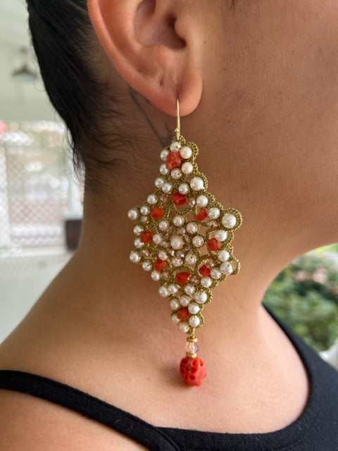 Hand Crocheted Pearl, Coral, and Crystal Earrings