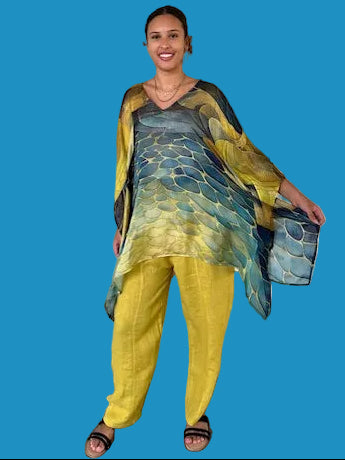 100% Silk Watercolor Kaftan (Green/Gold or Orange/Gold)