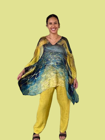 100% Silk Watercolor Kaftan (Green/Gold or Orange/Gold)